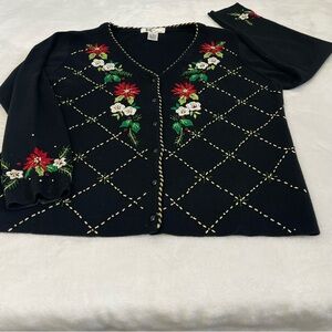 KIKIT WOMENS SIZE XL Floral Embroidered Black Sweater Button Up.
